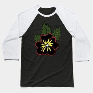 Moody two toned black and red pansy illustration with contrasting white and yellow centre surrounded by green leaves, great gift for a flower lover! Baseball T-Shirt